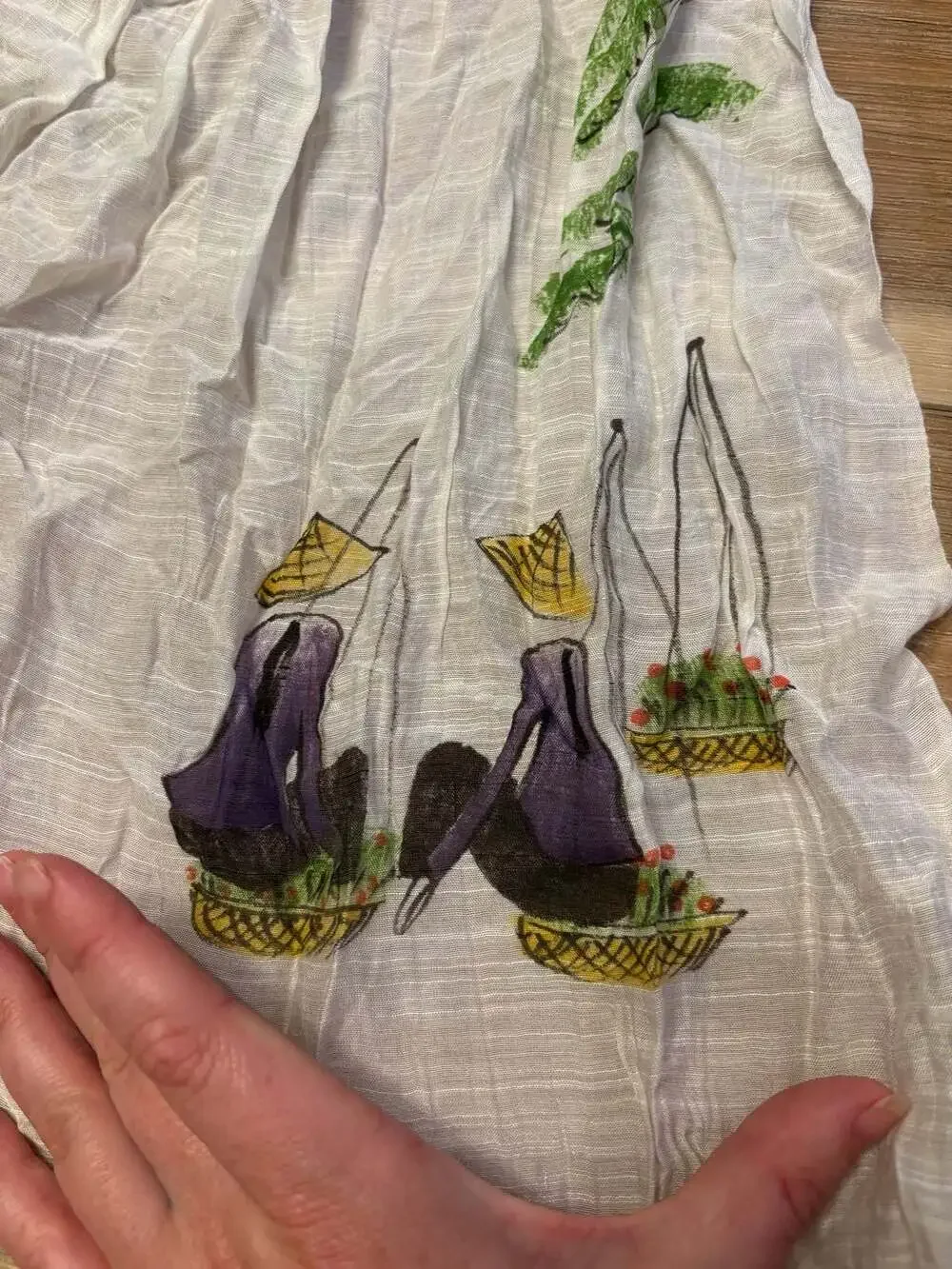 Hand-Painted Traditional Vietnamese Scene Crinkle Cotton Scarf